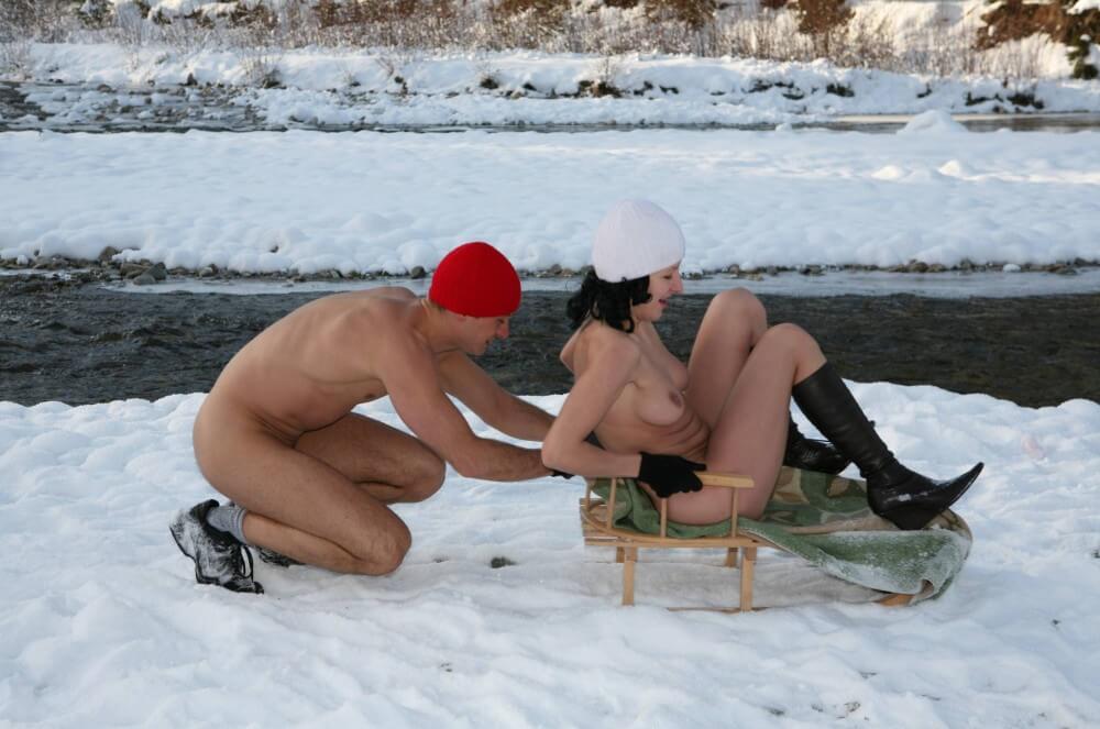 Naturist Girl Snow Day Couples Sled pics - Are required to remain naked at all times